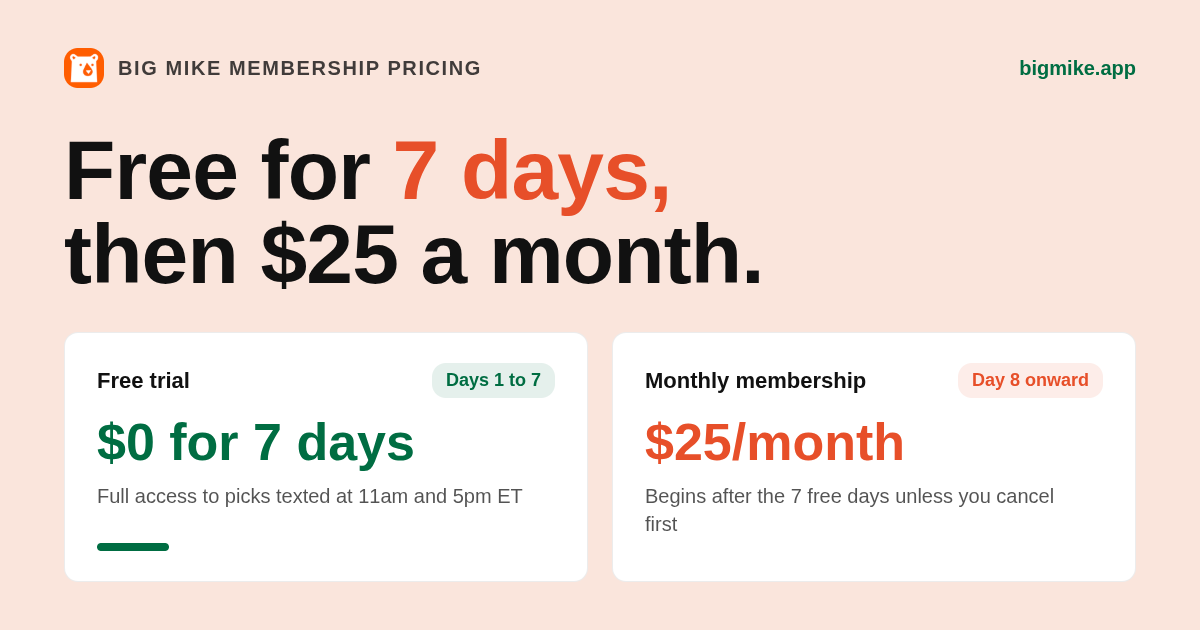 Big Mike free trial pricing card: free for 7 days, then $25 per month billed monthly