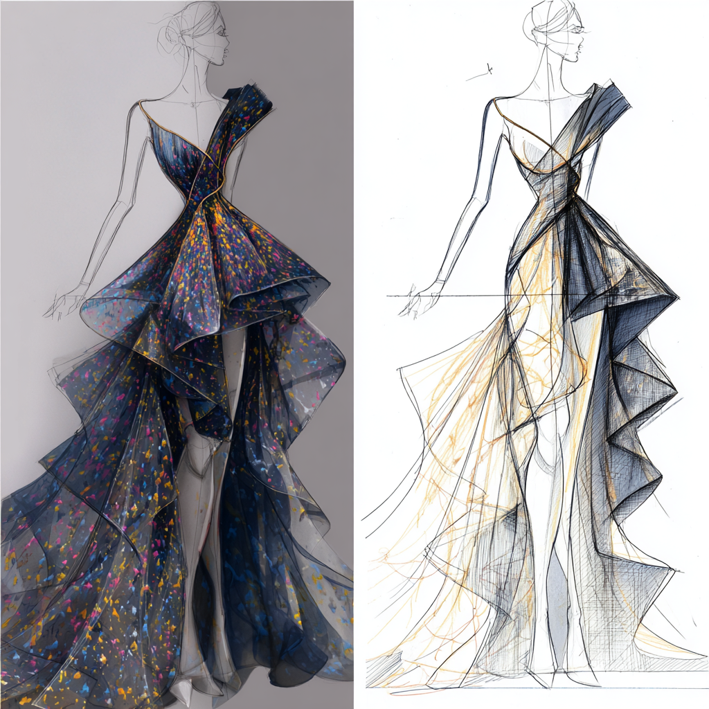 Fashion Illustration of High-Low Ruffle Evening Gown