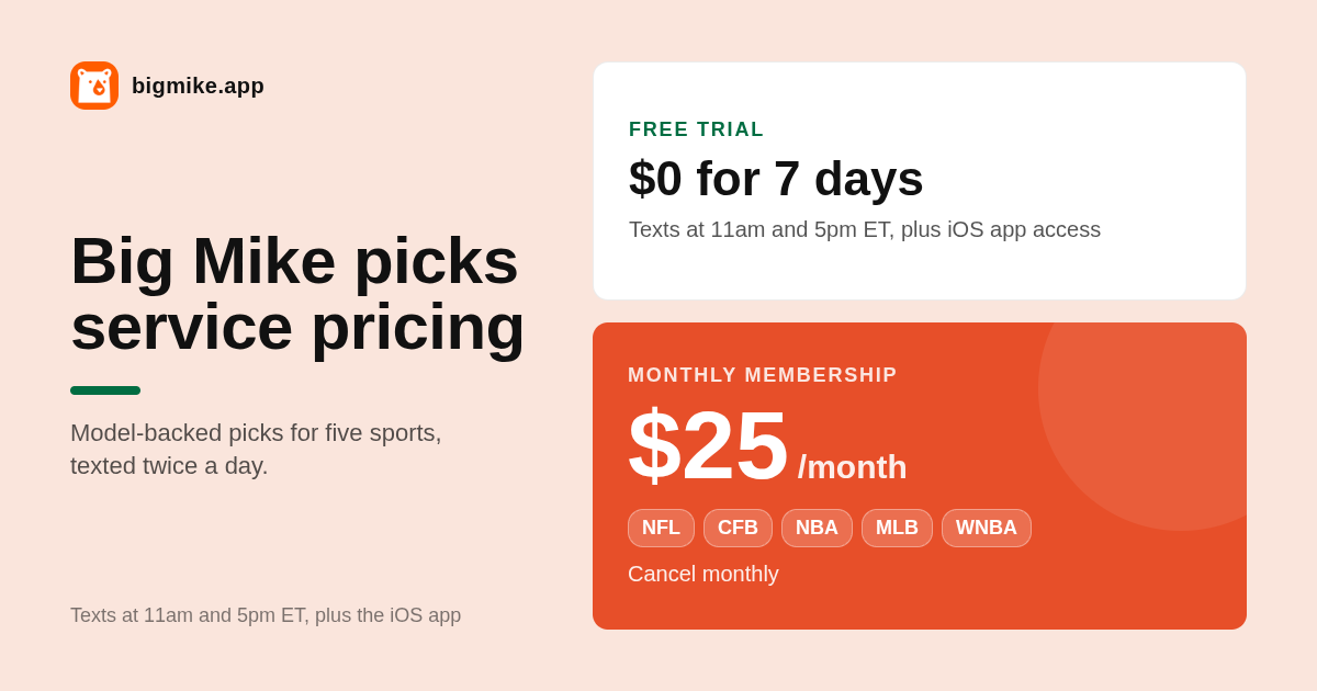 Big Mike pricing card for the Reddit reviews guide: free 7-day trial then $25 per month