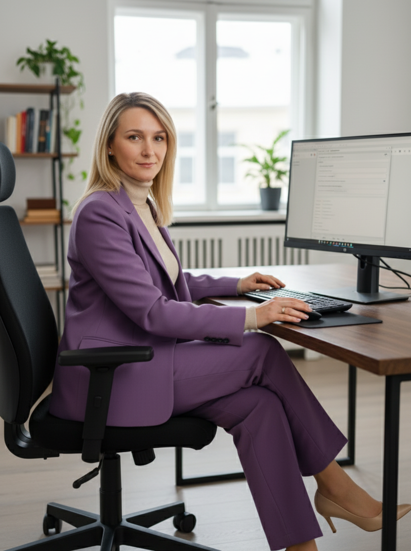 Professional Woman in Purple Suit Working at Office Desk The image shows a professional woman seated in a modern office environment. She is wearing a purple suit with a beige turtleneck underneath and beige heels. She is sitting at a wooden desk, using a computer with a large monitor. The office is well-lit with natural light coming through large windows behind her. In the background, there is a bookshelf with books and a green plant, contributing to a tidy and organized workspace. The setting suggests a professional, business-focused atmosphere suitable for corporate or executive profiles.