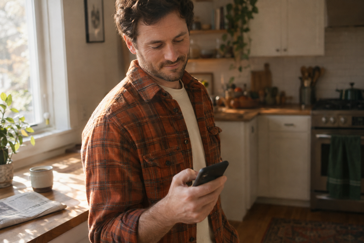 A man in a warm, sunlit kitchen glances at his phone with a confident expression.