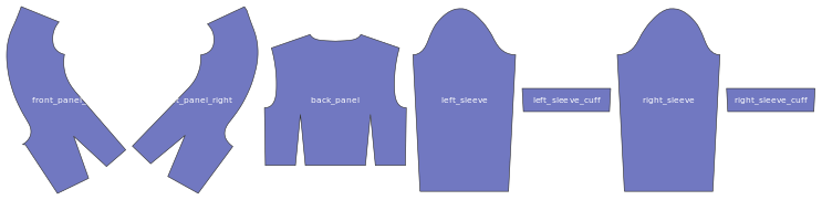 This image displays a set of labeled pattern pieces for constructing a blue long-sleeve shirt. The pieces include front panel left and right, back panel, left and right sleeves, and cuffs for each sleeve. It serves as a template for cutting fabric accurately to sew the corresponding garment.