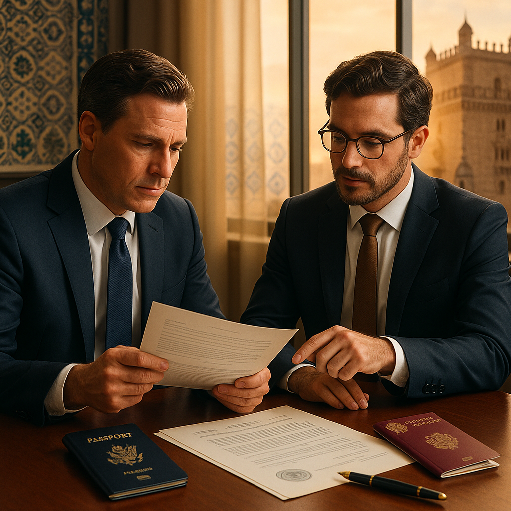 This image shows two professionally dressed businessmen seated at a wooden table in an office with a window view of historic architecture. Both men are looking intently at official documents spread out on the table. One man is holding and examining a paper, while the other points to it, suggesting collaboration or review of the contents. Two passports, one blue and one red, lie on the table alongside a pen. The scene conveys a formal meeting possibly related to international business, legal paperwork, or immigration matters.