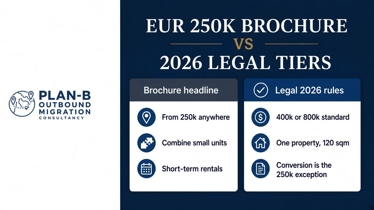 This image presents a side-by-side comparison between the claims made in a EUR 250K brochure and the official legal tier rules applicable in 2026 for property investment and migration consultancy. The left column outlines the brochure headline points: properties from 250k anywhere, the ability to combine small units, and allowance of short-term rentals. The right column details the 2026 legal rules: standard property prices are 400k or 800k, only one property per investment with a minimum size of 120 square meters, and that property conversion is the exception qualifying for the 250k threshold. The image includes the logo and branding of Plan-B Outbound Migration Consultancy, indicating its relevance for clients navigating investment migration regulations.