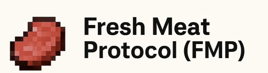 This image shows the logo and name of the Fresh Meat Protocol (FMP). The logo is a pixelated icon resembling a piece of fresh red meat, positioned to the left of the text. To the right of the logo, the name 'Fresh Meat Protocol (FMP)' is written in bold, black font on a light background. This image is likely used as branding or identification for the Fresh Meat Protocol within a digital, gaming, or cryptocurrency context.