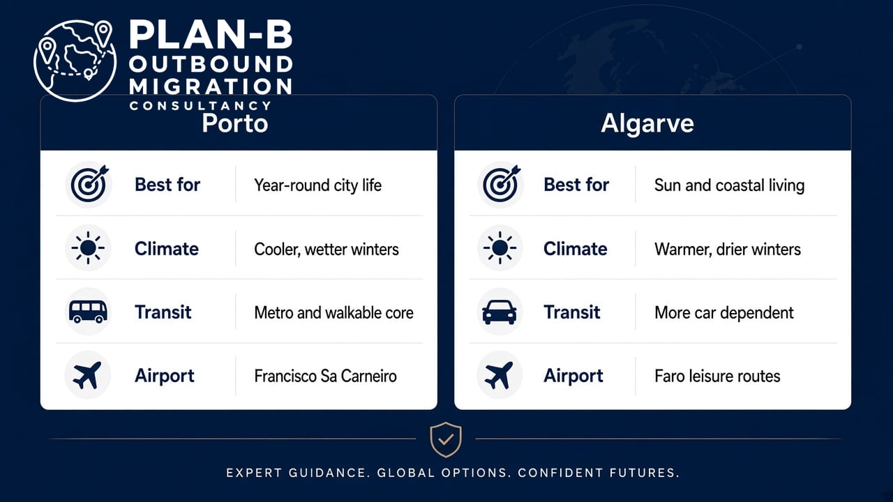 This image from Plan-B Outbound Migration Consultancy compares the cities of Porto and Algarve as potential migration destinations. It provides key points for each location, highlighting Porto's year-round city life, cooler wetter winters, metro and walkable transit core, and Francisco Sa Carneiro airport. Algarve is noted for sun and coastal living, warmer drier winters, car-dependent transit, and Faro airport with leisure routes. The image conveys expert guidance for migrants weighing global relocation options.