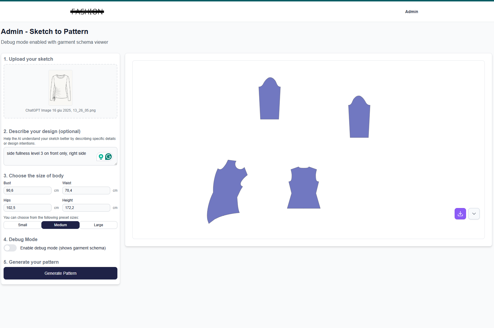 Admin Interface for Sketch to Pattern Conversion with Garment Piece Layout