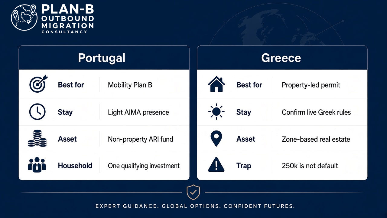 This image presents a side-by-side comparison of migration consultancy offerings focused on Portugal and Greece. For Portugal, the highlights include: best suited for Mobility Plan B, a stay option with light AIMA presence, asset investment in a non-property ARI fund, and a household requirement of one qualifying investment. For Greece, the image points to the property-led permit as the best fit, with a stay consideration to confirm live Greek rules, asset investment in zone-based real estate, and a potential trap where 250k is not the default investment amount. The graphic is produced by Plan-B Outbound Migration Consultancy and emphasizes expert guidance and global options for migration planning.