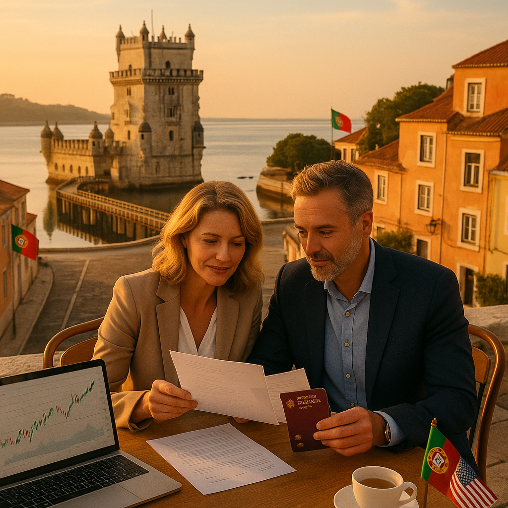 This image shows a well-dressed couple sitting at an outdoor table with paperwork, a passport, and a laptop displaying a financial chart. They appear to be reviewing documents related to residency or investment, possibly regarding immigration or citizenship. The backdrop features the iconic Torre de Belém tower in Lisbon, Portugal, with Portuguese flags visible on buildings, highlighting the location and context of international residency or investment planning. The setting sun casts a warm glow, creating a professional yet relaxed atmosphere suitable for business or legal consultations.