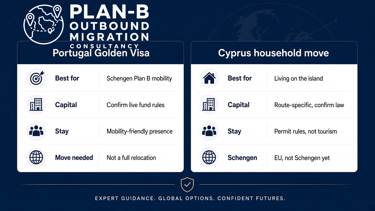Comparison Between Portugal Golden Visa and Cyprus Household Move Options This image provides a comparative overview of two outbound migration options: the Portugal Golden Visa and the Cyprus household move. It highlights key factors such as the best use case (mobility vs. island living), capital requirements, stay conditions, and Schengen area implications. The Portugal Golden Visa is best suited for Schengen Plan B mobility with a focus on mobility-friendly presence and does not require full relocation, whereas the Cyprus household move is ideal for living on the island with route-specific capital confirmation, permit rules, and is part of the EU but not in the Schengen Area. The image is designed by Plan-B Outbound Migration Consultancy and offers expert guidance for individuals considering relocation strategies.