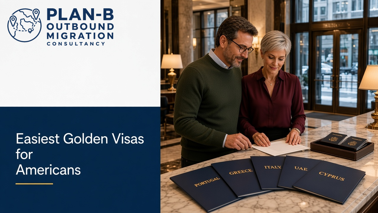 This image is a professional promotional banner for Plan-B Outbound Migration Consultancy highlighting the easiest golden visa options available for Americans. The left side of the image features the consultancy's logo and text emphasizing golden visa opportunities. On the right side, a mature couple is seen reviewing documents at a reception desk, surrounded by blue folders labeled with various countries offering golden visa programs including Portugal, Greece, Italy, UAE, and Cyprus. A pair of U.S. passports are also visible on the desk. The setting is a stylish, well-lit interior, suggesting a professional, trustworthy consultancy environment. This image is suitable for marketing or informational materials related to international migration and visa consultancy services.