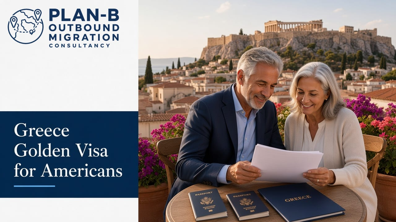This image shows a mature couple reviewing documents at a table with passports and a folder labeled 'GREECE', symbolizing the process of applying for Greece's Golden Visa program. The background features a scenic view of the Acropolis in Athens, Greece. The left side of the image displays the logo and name of 'PLAN-B Outbound Migration Consultancy' alongside the text 'Greece Golden Visa for Americans', indicating this is promotional material aimed at American clients interested in migration consultancy services for obtaining the Greek Golden Visa.