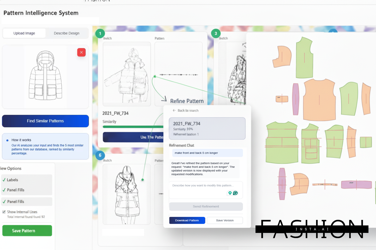 This image displays the user interface of an AI-driven Fashion Pattern Intelligence System. The system allows users to upload a fashion design image, such as a jacket with a hood and pockets, and find similar patterns from the database. Users can view detailed sketches, pattern pieces, and swatch images associated with chosen designs. The interface includes tools to refine pattern details through a chat function, where users can request modifications (e.g., adjusting length), and receive updated pattern versions. Additional options include toggling labels, panel fills, and internal lines visibility, as well as saving or downloading the refined pattern. This system supports efficient fashion design workflows by leveraging AI for pattern matching and refinement.
