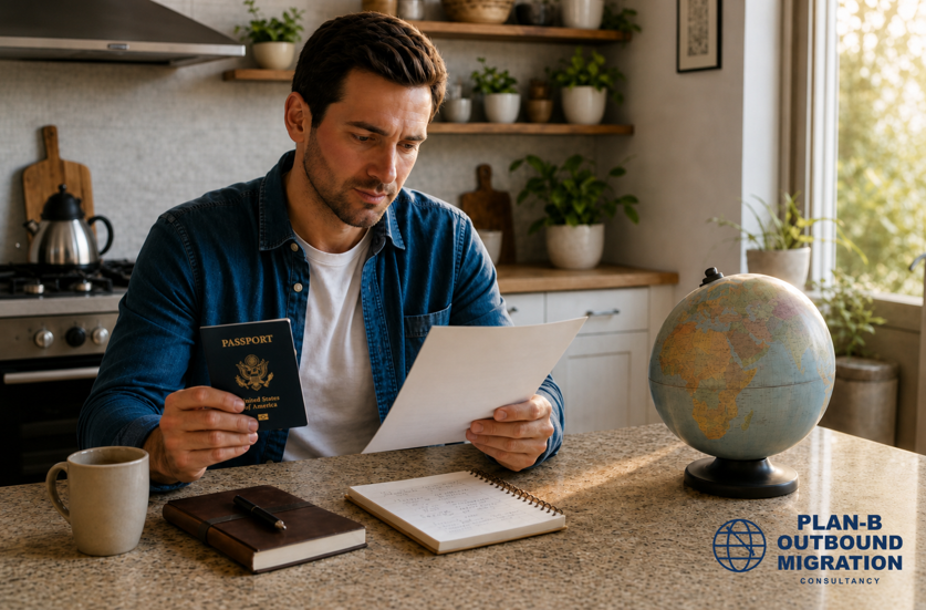 The image shows a man sitting at a kitchen table, holding a United States passport in one hand and a document in the other, while carefully reviewing the paperwork. On the table in front of him are a notebook with handwritten notes, a closed leather-bound journal with a pen on top, and a coffee mug. To his right is a globe, suggesting planning or consideration of international travel or migration. The setting is a well-lit kitchen with plants and wooden shelves in the background. The image includes a logo and text that reads 'Plan-B Outbound Migration Consultancy,' indicating the context relates to migration consultancy or travel planning.