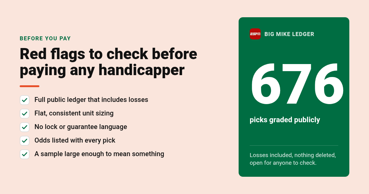 Checklist of red flags to verify a sports handicapper record, with Big Mike's 676 graded picks stat