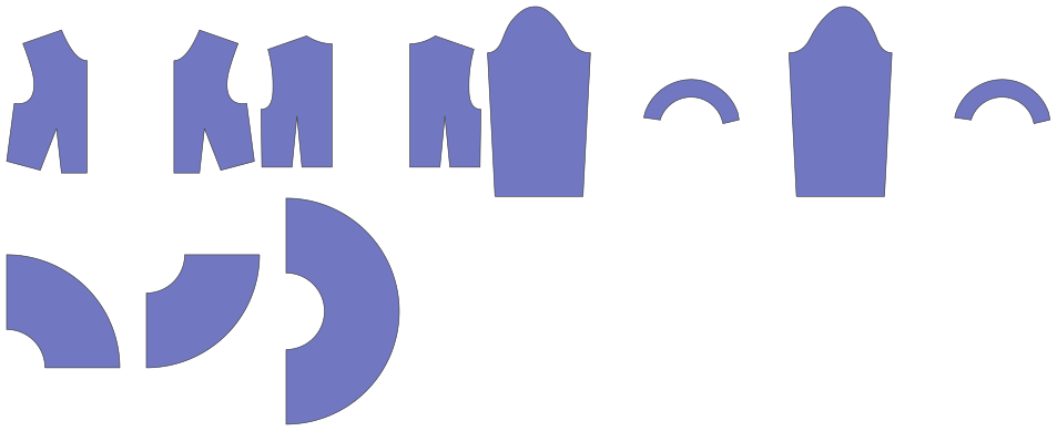This image displays individual components of a 3D character avatar pattern rendered in blue. The parts include various segments resembling head, torso, legs, arms, and additional rounded features likely for shoulders or joints. These separate elements are designed for digital assembly, enabling customization or animation of a character avatar in software development or graphic design projects.