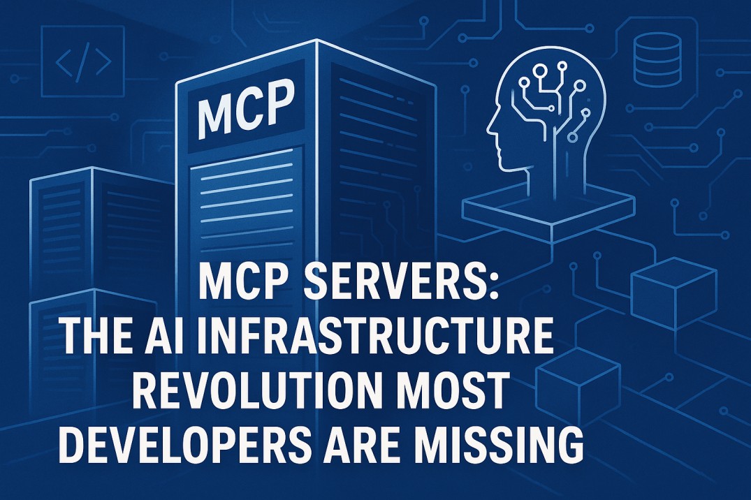 This image highlights the concept of MCP servers as a critical component in the AI infrastructure revolution, which many developers are currently overlooking. The visual depicts server racks labeled 'MCP' alongside a stylized human head with circuit-like connections, symbolizing artificial intelligence and advanced computing. The background contains abstract circuit patterns and database icons, reinforcing the theme of AI technology and data infrastructure. This image can be used in professional presentations, articles, or documentation to emphasize emerging AI server technologies and their impact on the developer community.
