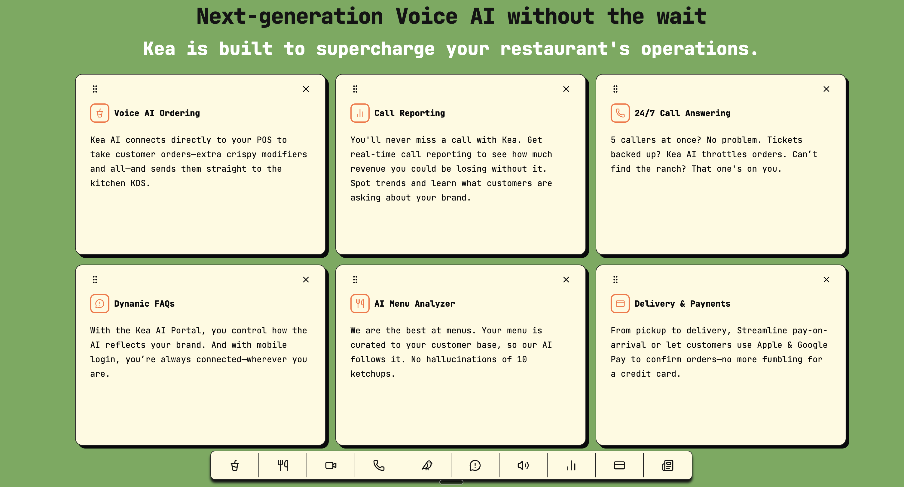 This image highlights the key features of Kea's next-generation Voice AI designed to optimize restaurant operations. It showcases six main capabilities: Voice AI Ordering that integrates with POS systems to send orders directly to kitchen KDS; Call Reporting that provides real-time insights on missed calls and customer queries; 24/7 Call Answering that manages multiple simultaneous callers and order throttling; Dynamic FAQs managed through the Kea AI Portal and mobile access; AI Menu Analyzer that customizes menus accurately for customer bases; and Delivery & Payments options that streamline order confirmation via pay-on-arrival or Apple & Google Pay. The layout uses beige text boxes with relevant icons against a green background, emphasizing efficiency, automation, and brand consistency for restaurants.