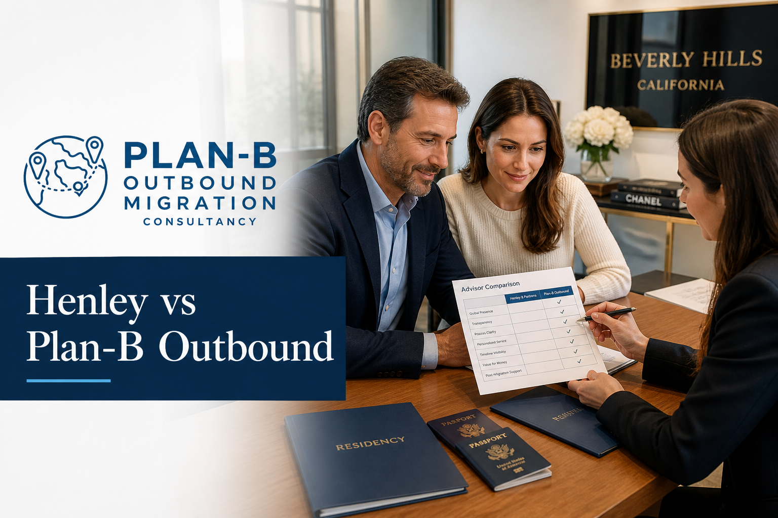 This professional image features a migration consultancy consultation scene where a consultant is showing a couple a paper with an advisor comparison table between 'Henley & Partners' and 'Plan-B Outbound'. The table compares various service aspects such as Global Presence, Transparency, Process Clarity, Personalized Service, Timeline Visibility, Value for Money, and Post-Migration Support, indicating advantages in Plan-B Outbound across all categories. The setting includes official documents on the table, such as blue folders labeled 'RESIDENCY' and passports, suggesting a focus on international relocation or citizenship planning. The background includes a sign reading 'Beverly Hills California,' implying a high-end consultancy service location. The image is suitable for marketing, informational materials, or knowledge base entries about migration advisory services and client consultation processes.