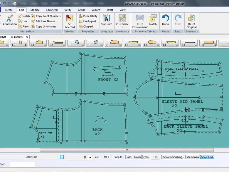 Garment Pattern Design Software Interface Displaying Jacket Sewing Pattern Pieces