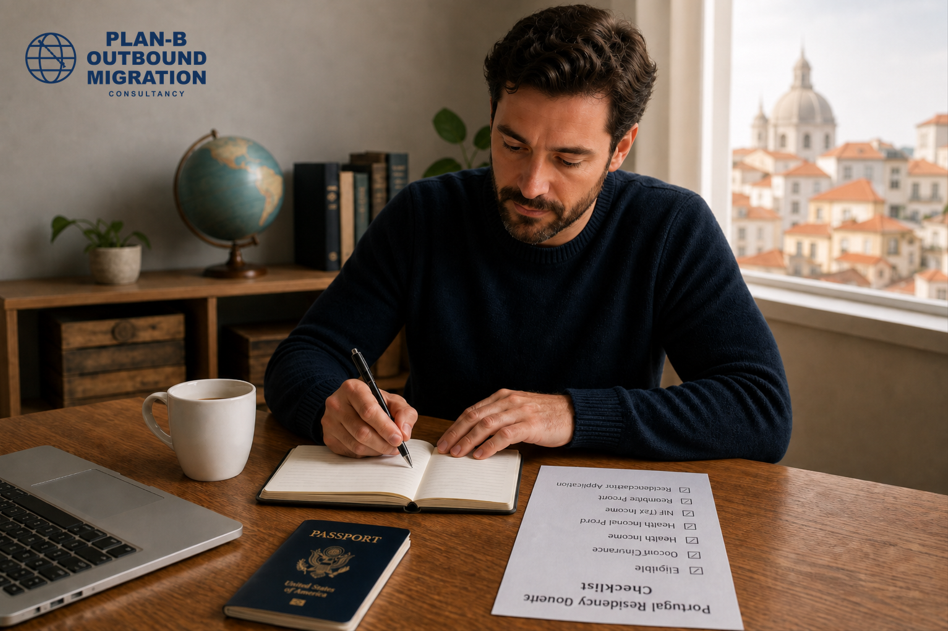 This image shows a man sitting at a wooden table in a well-lit room, writing in a notebook. On the table, there is a checklist titled 'Portugal Residency Checklist' with various documents listed, including passport, birth certificate, police clearance, and more. A U.S. passport and a laptop are also visible on the table. In the background, there is a bookshelf with books and a globe, as well as a large window showing a cityscape with classic European architecture. The presence of the logo 'Plan-B Outbound Migration Consultancy' indicates this scene relates to immigration or residency application assistance.