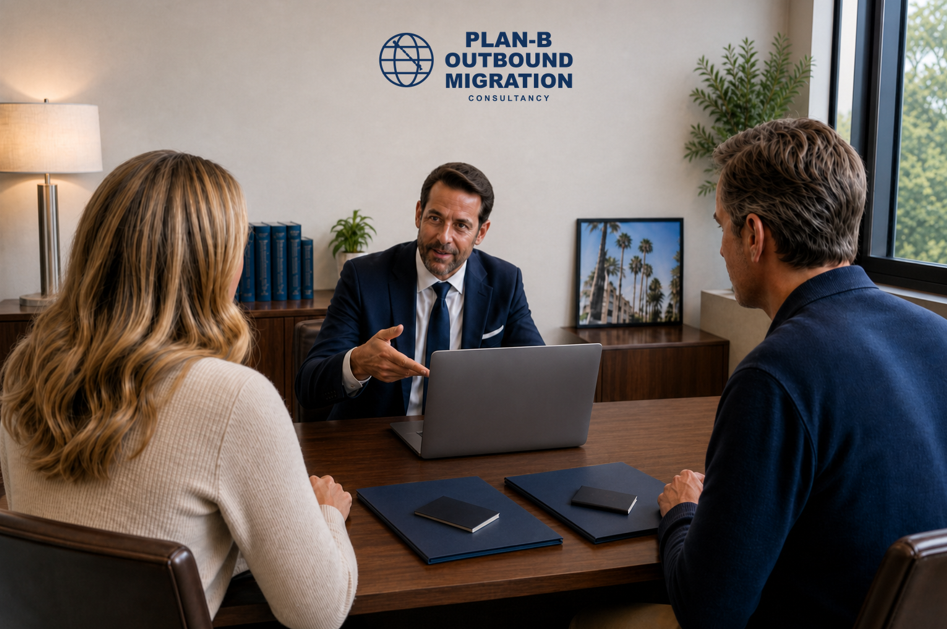 Migration Consultancy Client Meeting at Plan-B Outbound Migration The image depicts a professional consulting session at Plan-B Outbound Migration, a migration consultancy firm. A male consultant in a dark suit is engaging with two clients, a man and a woman, seated across a wooden desk. The consultant is using a laptop to possibly explain or present information related to migration services. The office environment includes a lamp, a set of books, a framed picture of palm trees, and a window, suggesting a business setting conducive to client consultations about outbound migration planning.
