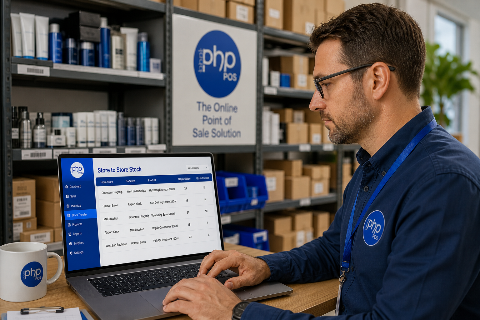 Employee Managing Store-to-Store Stock Transfer Using PHP POS Software The image shows an employee in a warehouse or storage area working on a laptop displaying a PHP POS (Point of Sale) software interface. The laptop screen features a 'Store to Store Stock' module listing product transfers between various store locations with details of product names, available quantity, and quantity to transfer. Behind the employee, shelves filled with product boxes and containers are visible. Branding of PHP POS is observable on the employee's shirt, a mug, and a poster in the background. This image illustrates the use of online point of sale solutions for efficient inventory and stock management across multiple store locations.