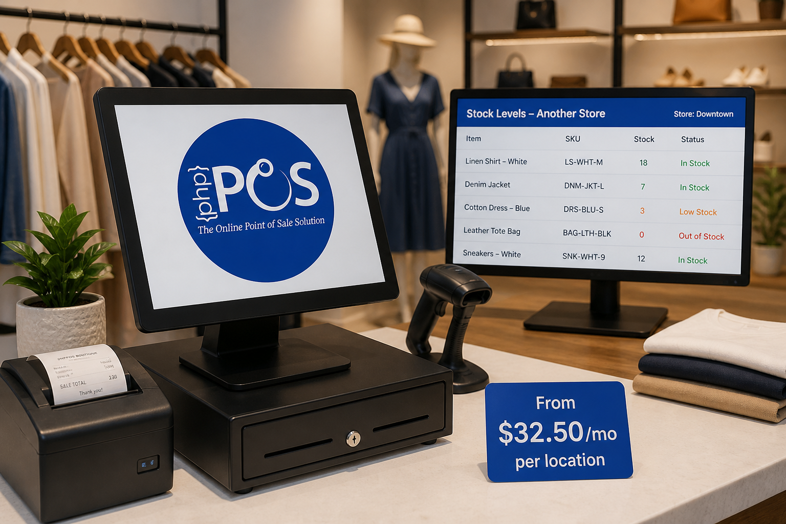 PHP POS System Interface Displaying Retail Stock Levels The image shows a retail store setup with a PHP-based point of sale (POS) system. On the counter are a touchscreen monitor displaying the PHP POS logo and tagline 'The Online Point of Sale Solution', a receipt printer with a printed sales receipt, a cash drawer, and a barcode scanner. Behind the monitor, a second screen displays detailed stock levels for various clothing items including item names, SKUs, quantities in stock, and status indicators such as 'In Stock', 'Low Stock', and 'Out of Stock' for a store located downtown. Additionally, a small sign on the counter indicates the software pricing starting from $32.50 per month per location. The background includes racks of hanging clothes and folded garments, suggesting a clothing retail environment. This setup demonstrates the use of a digital POS system integrated with inventory management for effective retail operations.