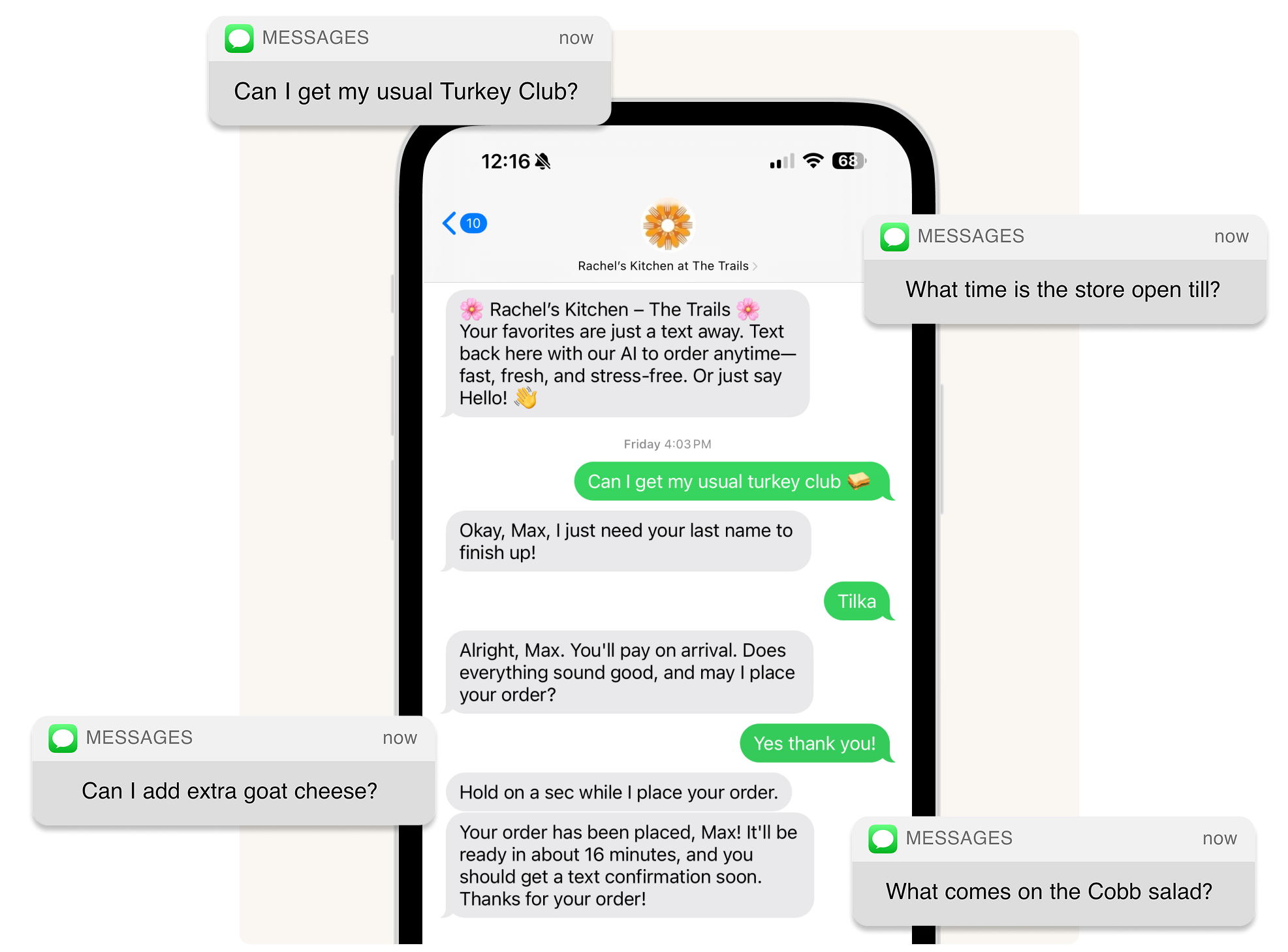 The image shows a screenshot of a text message conversation between a customer and Rachel's Kitchen at The Trails, demonstrating an AI-powered text ordering service. The customer orders their usual turkey club sandwich using casual text messaging, and the AI responds by asking for the last name, confirming payment options, and finalizing the order with an estimated ready time of 16 minutes. Surrounding the phone image are additional customer text messages asking common questions about store hours, menu items, and special requests, highlighting the AI's capability to handle various types of customer inquiries efficiently via SMS.