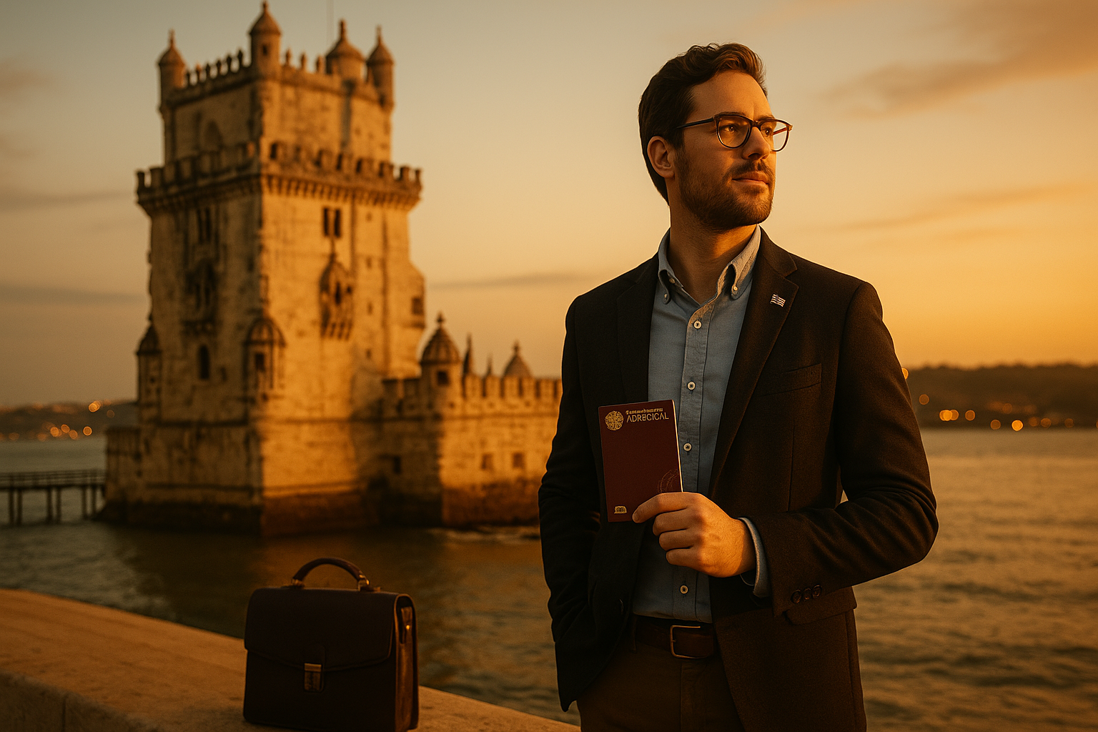 The image depicts a well-dressed man standing outdoors near a historic stone tower by the water during sunset. He is wearing glasses, a dark blazer, and a light shirt, holding a maroon passport in his right hand. Next to him on a ledge is a dark leather briefcase. The warm golden light of the sunset illuminates both the man and the tower, casting soft shadows and creating a serene atmosphere. The scene combines elements of travel, professionalism, and historical architecture, suitable for topics related to business travel, tourism, and historic landmarks.