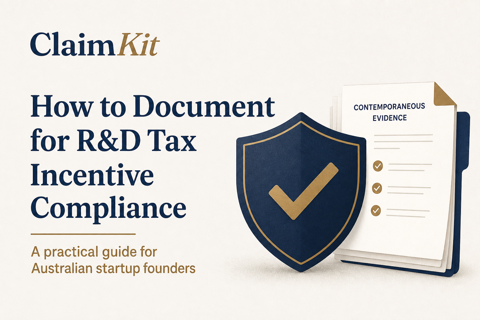 How to Document for R&D Tax Incentive Compliance: A Practical Guide for Australian Startup Founders This image presents a professional cover design for a guide titled 'How to Document for R&D Tax Incentive Compliance,' specifically aimed at Australian startup founders. The cover includes the ClaimKit brand name and features an icon of a shield with a check mark, symbolizing protection and verification, alongside a folder labeled 'Contemporaneous Evidence' with checklist items. The guide likely provides practical advice and best practices on maintaining proper documentation to meet compliance requirements for R&D tax incentives in Australia.