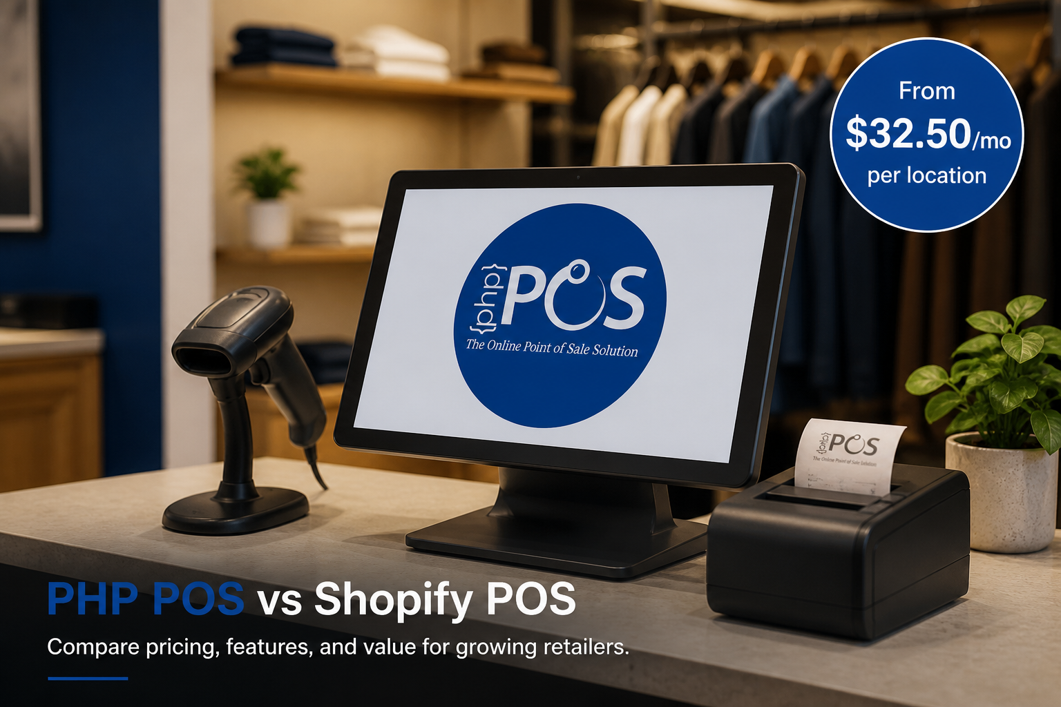 PHP POS vs Shopify POS: Pricing and Feature Comparison for Retailers This image depicts a retail checkout counter equipped with a barcode scanner, a touchscreen monitor displaying the PHP POS logo and tagline, and a receipt printer. The visual highlights a pricing comparison advertisement for PHP POS against Shopify POS, emphasizing a subscription starting at $32.50 per month per location. It invites retailers to compare pricing, features, and value to choose the appropriate point of sale solution for their store. The setting, including clothing racks in the background, suggests usage in a fashion retail environment.