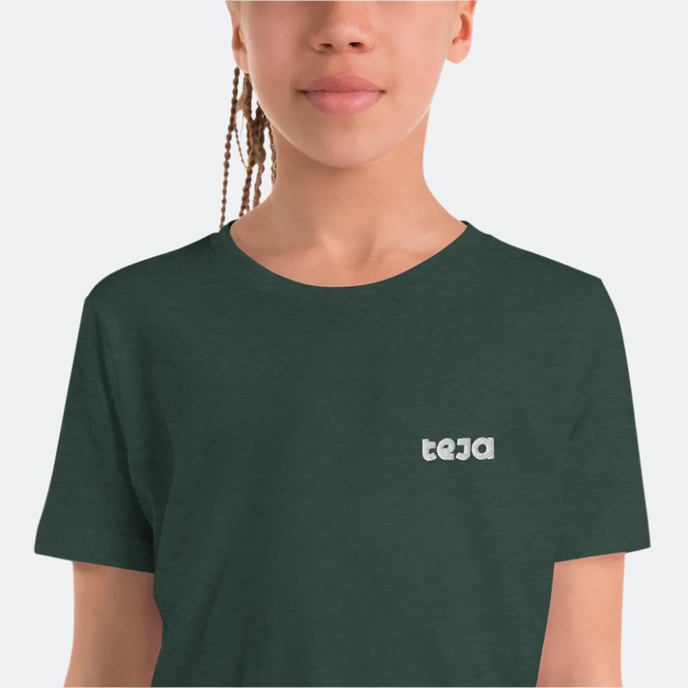 Youth Fitted T-Shirt in Heather Forest with 'teja' Logo Front View
