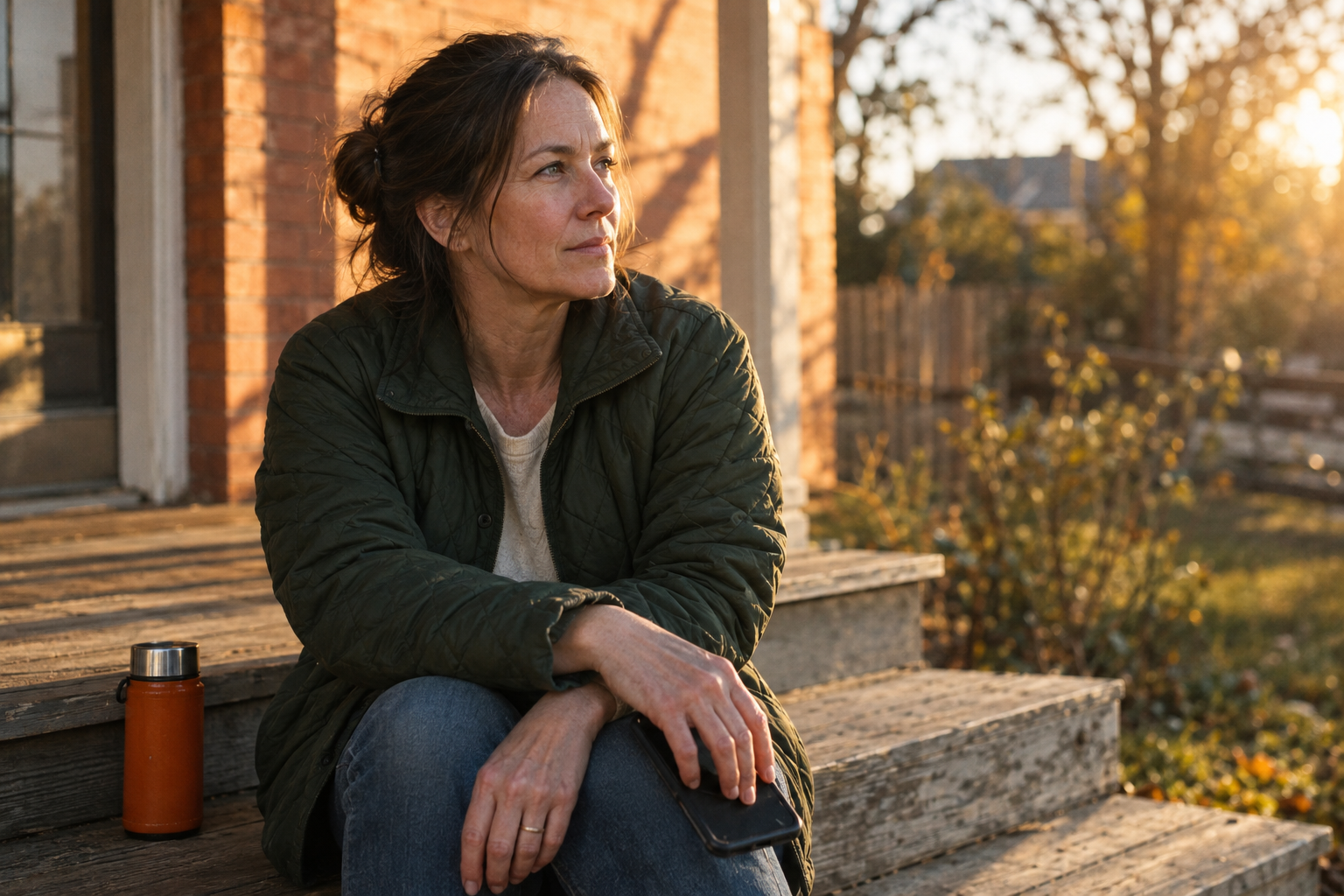 A woman in a green jacket sits on a sunlit porch step at golden hour with her phone face-down on her knee, gazing thoughtfully ahead.