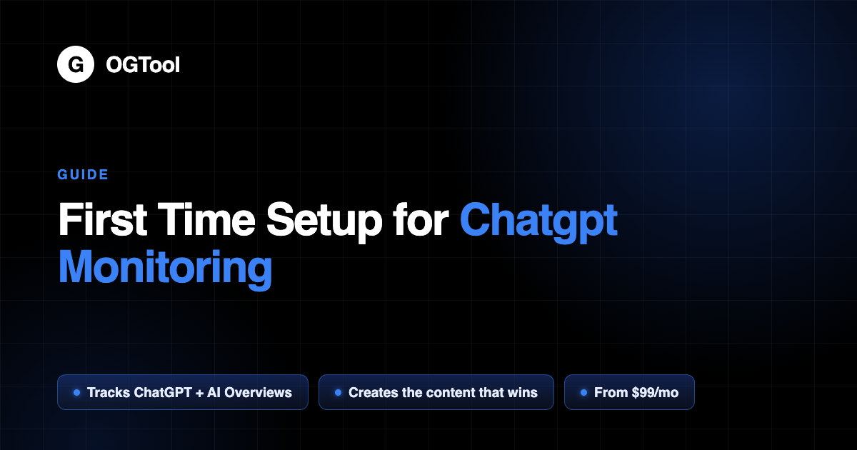 AI Engine Optimization: Review Your First Keywords for ChatGPT and Reddit This image shows a user interface screen from an AI engine optimization tool named OGTool, which is analyzing how the tool appears when people search specific keyword prompts related to ChatGPT and Reddit. The screen invites the user to review their first keywords with a subtitle explaining the tool's function. Three example keyword prompts are listed: 'best AI tools for Chatgpt monitoring and Reddit lead generation,' 'Best visibility platforms for Chatgpt and reddit for b2b or b2c businesses,' and 'Best AI-powered social listening tools for Reddit/Chatgpt.' The interface includes a search bar highlighting 'AI Engine Optimization' and uses a clean, modern design suitable for professional marketing and SEO optimization use cases.