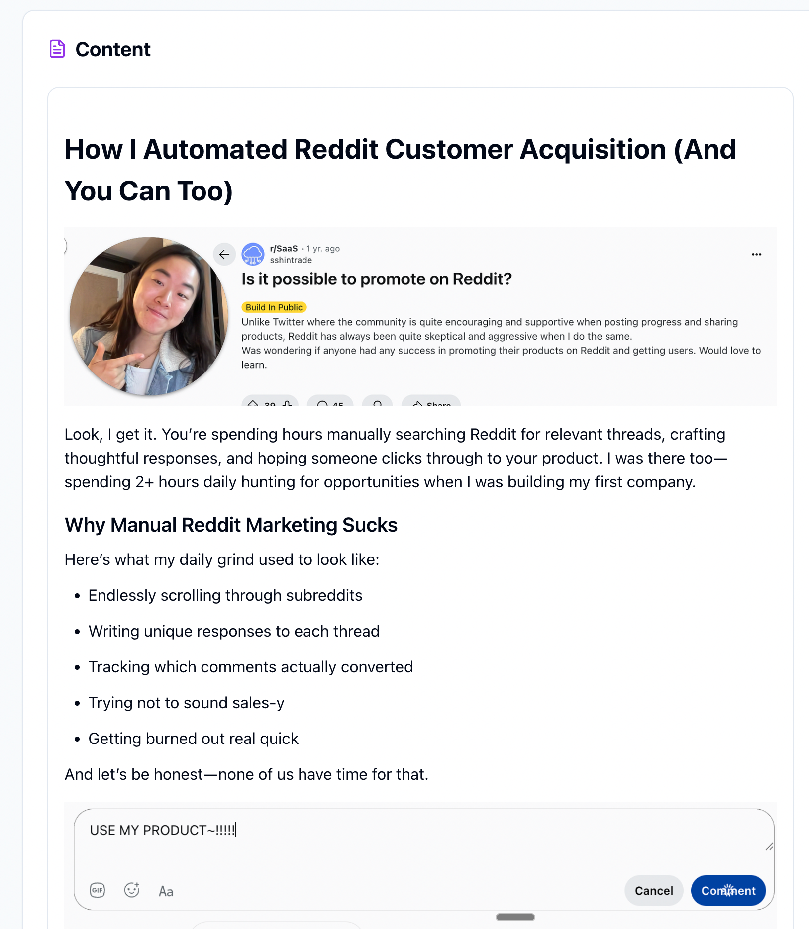 This image displays an excerpt from a blog or article discussing the challenges of manual Reddit marketing and how automation can improve customer acquisition on Reddit. It includes a screenshot of a Reddit post questioning the possibility of promoting on Reddit, accompanied by the author's commentary on the inefficiencies of manually searching subreddits, writing responses, tracking conversions, and avoiding overly sales-y language. The image is suitable for professionals looking for insights on Reddit marketing automation strategies to save time and improve outreach effectiveness.