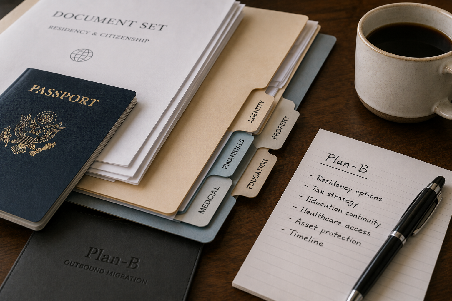 This image depicts a collection of documents and folders organized for outbound migration planning, labeled 'Plan-B.' The materials include a passport, a document set titled 'Residency & Citizenship,' and multiple tabbed folders marked for Medical, Financials, Identity, Education, and Property documents. A handwritten notepad lists key plan components such as residency options, tax strategy, education continuity, healthcare access, asset protection, and timeline. A pen and a coffee cup are also visible, implying an ongoing planning or review process. This setup is useful for professional advisory purposes related to migration, residency, and citizenship planning.