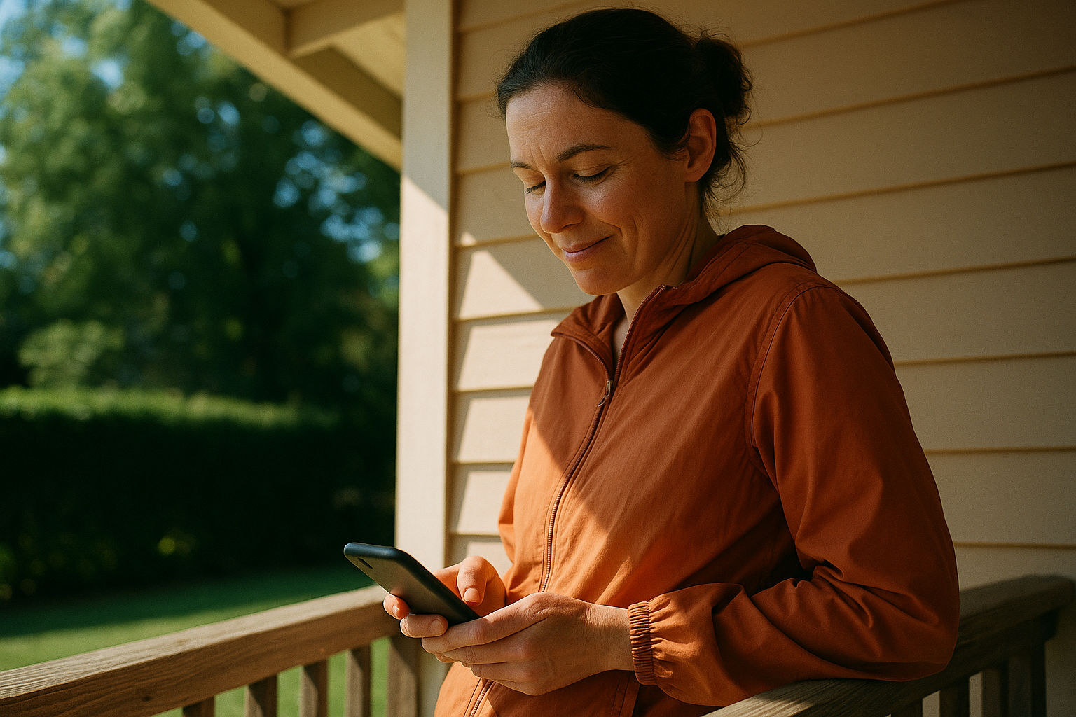 A woman in an orange jacket on a sunny porch glances at a phone held at her side as a message comes in.