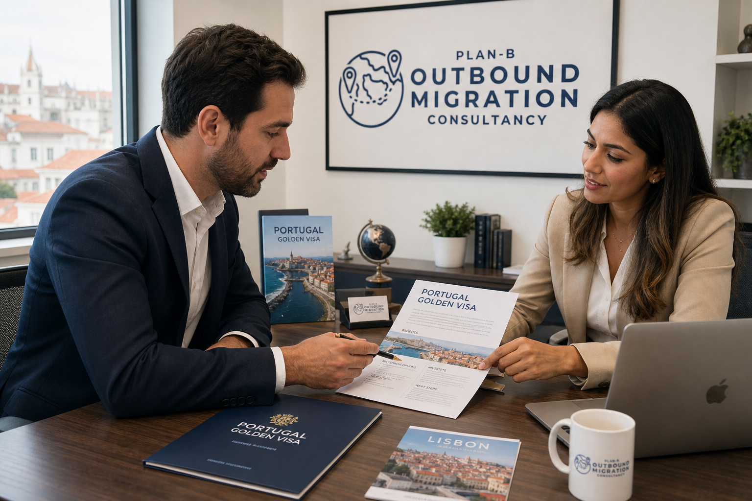 Outbound Migration Consultancy Discussing Portugal Golden Visa Options This image shows a professional consultation session at Plan-B Outbound Migration Consultancy. A man and a woman, both dressed in business attire, are seated at a desk reviewing informational materials about the Portugal Golden Visa program. The woman is holding a brochure with details about investment options, benefits, and next steps, while the man is attentively listening and pointing to the document. Various printed materials, including a folder labeled 'Portugal Golden Visa' and a Lisbon travel brochure, are displayed on the desk alongside a laptop and a branded coffee mug. The consultancy's logo and name are prominently displayed on a wall sign behind them. This image serves to illustrate professional migration consultancy services focused on obtaining residency through investment in Portugal.