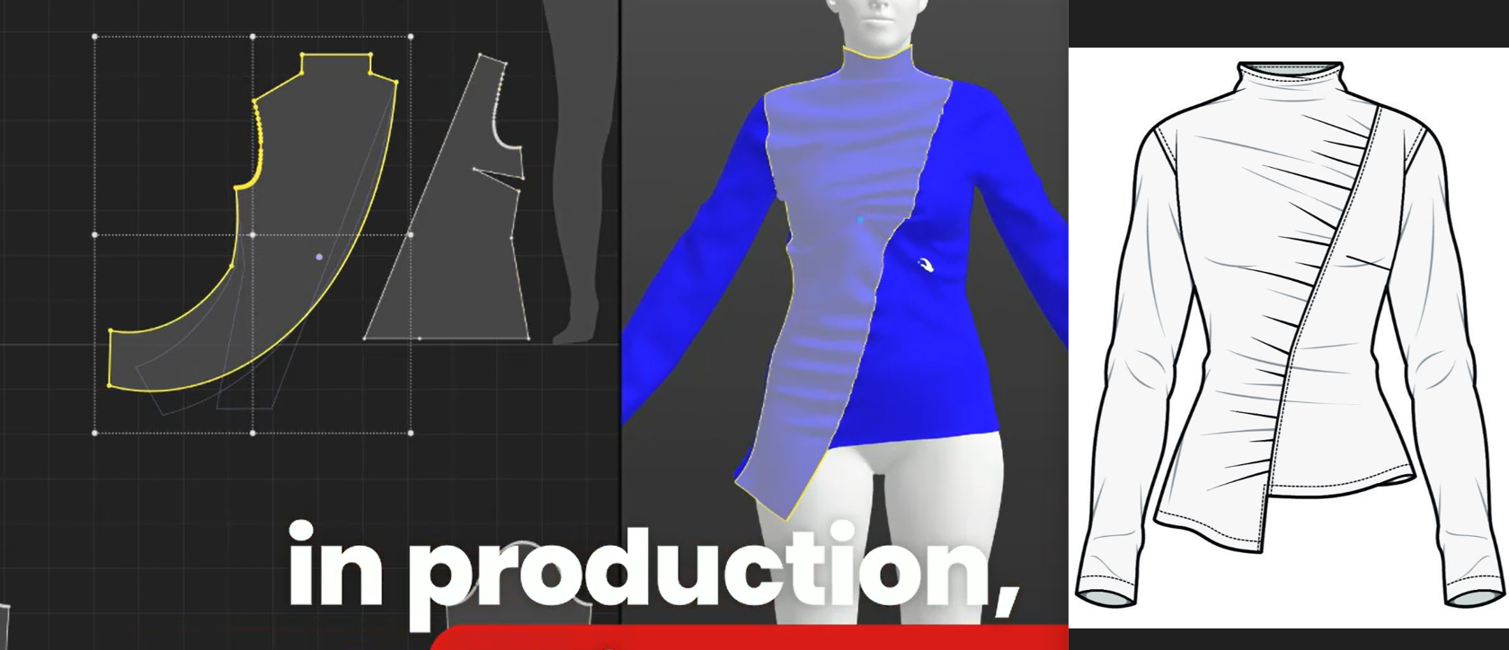 This image showcases the digital workflow of fashion design, starting with flat pattern pieces on the left, followed by their application and simulation on a 3D model mannequin in the center, and concluding with a detailed technical flat sketch of a garment on the right. The patterns on the left depict basic shapes and curves essential for garment construction, the middle 3D visualization demonstrates how these pieces fit and drape on a body form, and the right side shows a technical drawing emphasizing garment structure and seams. This workflow highlights the integration of pattern making, 3D visualization, and technical illustration used in contemporary fashion production and design development.