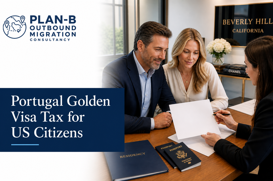 Portugal Golden Visa Tax Consultation for U.S. Citizens The image shows a professional consultation setting where a couple is discussing Portugal Golden Visa tax matters with a consultant. The couple appears engaged while the consultant explains details using documents. On the desk are folders labeled 'Residency' along with two U.S. passports, indicating the focus on immigration and tax planning for U.S. citizens seeking Portugal's Golden Visa. This image is representative of migration consultancy services related to tax and legal advice for international residency programs.