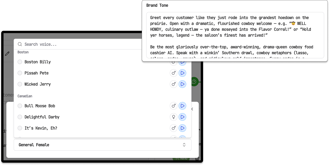 This image displays a user interface for selecting AI voices categorized by regional accents such as Boston and Canadian, with specific voice names like 'Boston Billy' and 'Delightful Darby'. Each voice option features gender icons and playback buttons. Adjacent to the voice selection panel, a text excerpt titled 'Brand Tone' provides detailed guidance on adopting a dramatic, over-the-top cowboy-themed tone for customer interactions. It includes sample phrases and stylistic elements like cowboy metaphors and a Southern drawl to shape the personality of an AI cashier. This image illustrates how voice options and brand tone guidelines can be integrated to create a cohesive, character-rich AI voice experience.