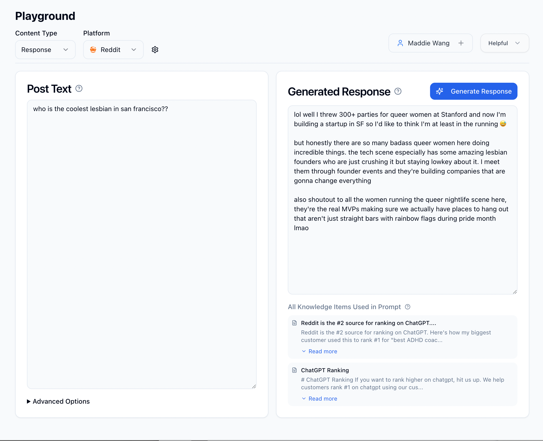This image shows a user interface screen from a data platform designed for generating AI-based responses to social media posts. The interface is titled 'Playground' and contains fields for selecting content type and platform, which here are set to 'Response' and 'Reddit', respectively. On the left side is a text input box labeled 'Post Text,' where a user can input a Reddit post query. On the right side, there is a 'Generated Response' area displaying an AI-generated reply to the query about 'the coolest lesbian in San Francisco.' The UI also features user profile information, a helpfulness rating dropdown, and a button to generate responses. The lower section includes references to knowledge sources used in the AI prompt. This image is useful for understanding how AI can assist with content moderation, social media engagement, or community management through automated responses.