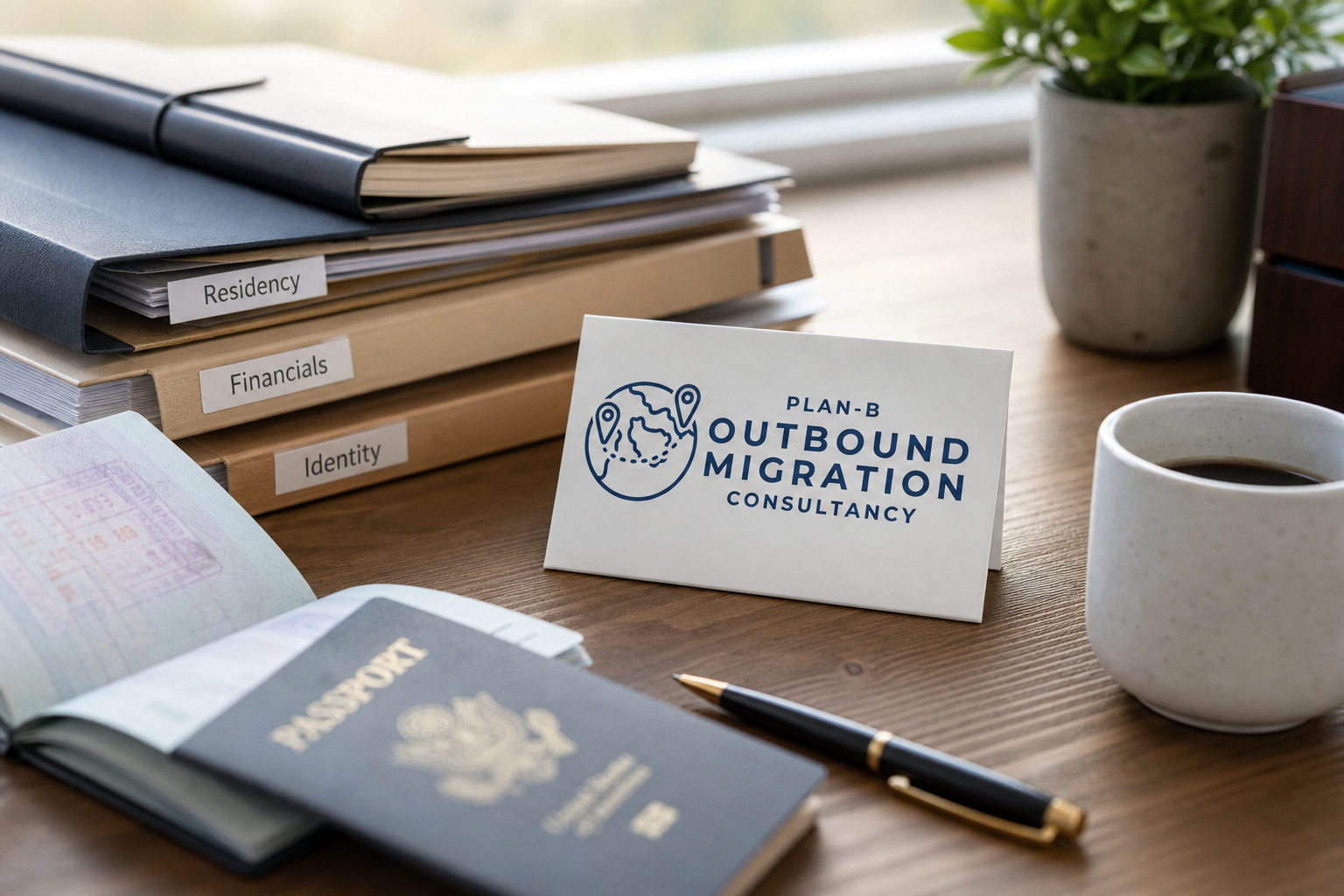 Outbound Migration Consultancy Setup with Documents and Passport The image shows a professional setup for an outbound migration consultancy, featuring a business card with the title 'Plan-B Outbound Migration Consultancy' prominently displayed. Alongside are organized folders labeled 'Residency', 'Financials', and 'Identity', suggesting categorization of essential client documents. An open passport and a pen lie in the foreground on a wooden desk, alongside a cup of black coffee and a potted plant in the background. This scene represents the typical workspace and document preparation involved in migration consulting services.