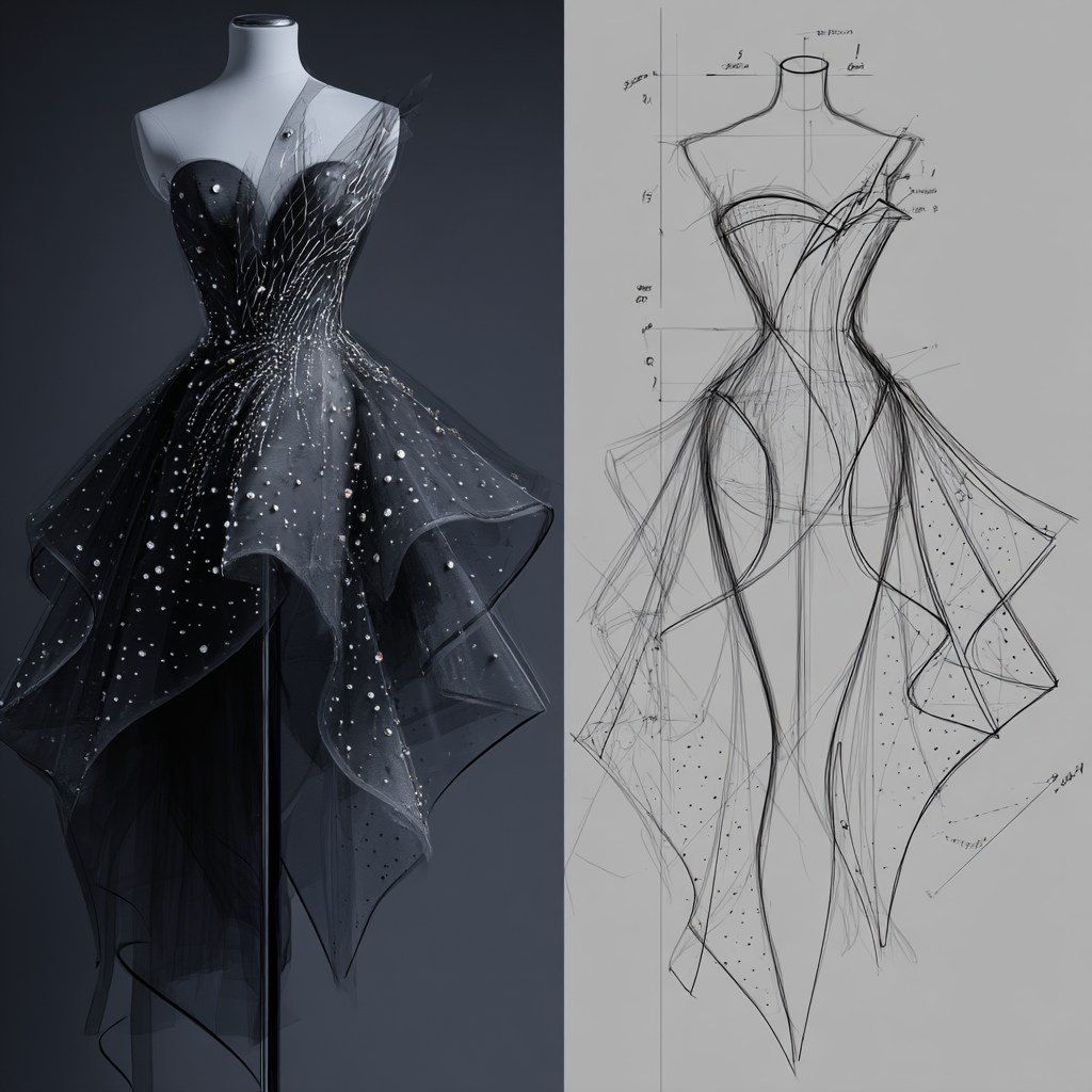 The image displays a side-by-side comparison of a detailed fashion design process for an evening gown. On the left, there is a 3D rendered final design of the gown on a mannequin, featuring a strapless, asymmetrical silhouette with layered, flowing fabric embellished with sparkling details. On the right, a hand-drawn sketch outlines the same gown, illustrating key design lines, pattern shapes, and some measurements. This visual juxtaposition highlights the transition from initial conceptual sketching to the refined, tangible garment, useful for fashion design education, pattern making, and creative development documentation.
