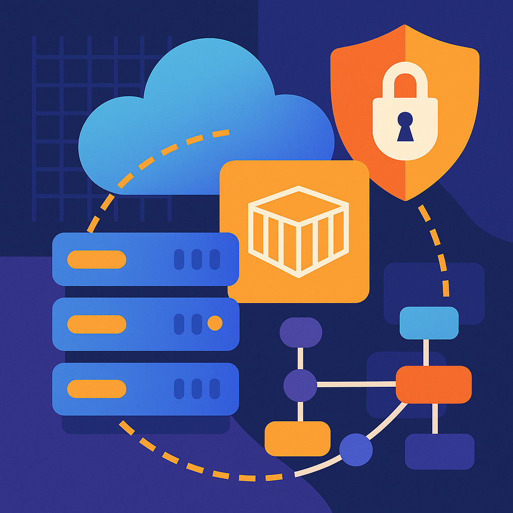 This image is a conceptual illustration representing cloud computing infrastructure integrated with container technology and security elements. It depicts a cloud icon connected via dashed lines to three server units, symbolizing cloud-based storage or services. An orange container icon signifies containerized applications or services, while a shield with a padlock icon highlights security and data protection measures. Additionally, a simplified network diagram with interconnected nodes conveys the concept of network architecture or data flow within the system. This visualization is suited for professional documentation or presentations related to cloud infrastructure, container orchestration, network design, and cybersecurity.