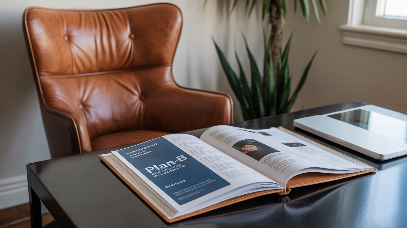 The image depicts a cozy home office or study space featuring a brown leather armchair with button tufting placed behind a sleek, black table. On the table lies an open book displayed prominently, alongside a modern tablet device. The background includes a green plant near a window, adding natural elements and soft natural lighting to the environment. This setting is ideal for reading, studying, or remote work, combining comfort with functionality.