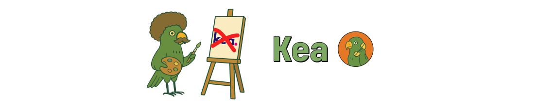 This image features a cartoonish green Kea parrot with an funny hairstyle, holding a paintbrush and palette, standing next to an easel with a canvas. The canvas displays a red crossed-out drawing, indicating an incorrect or rejected art piece. To the right, the word 'Kea' is written in bold green letters, accompanied by a circular icon featuring a close-up of the Kea parrot's face. This illustrative logo-style image could be used for branding or identity in artistic, creative, or educational contexts related to art and design.