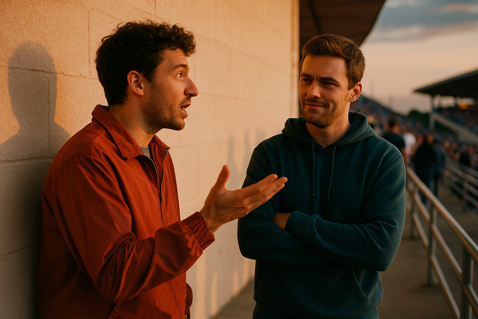 Two friends in red and teal jackets debate on a warmly lit stadium concourse at dusk, one gesturing while the other listens with arms crossed.