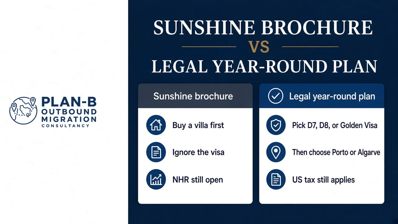 This image from Plan-B Outbound Migration Consultancy presents a side-by-side comparison of two migration/investment strategies: the Sunshine Brochure and the Legal Year-Round Plan. It highlights the main features of each option, showing that the Sunshine Brochure requires buying a villa first, ignoring the visa, and having the Non-Habitual Resident (NHR) status still open. The Legal Year-Round Plan involves choosing among D7, D8, or Golden Visa options, selecting between Porto or Algarve locations, and the continued application of US tax rules. This visual comparison aids potential clients in understanding the differences between these two approaches for migration or investment planning.
